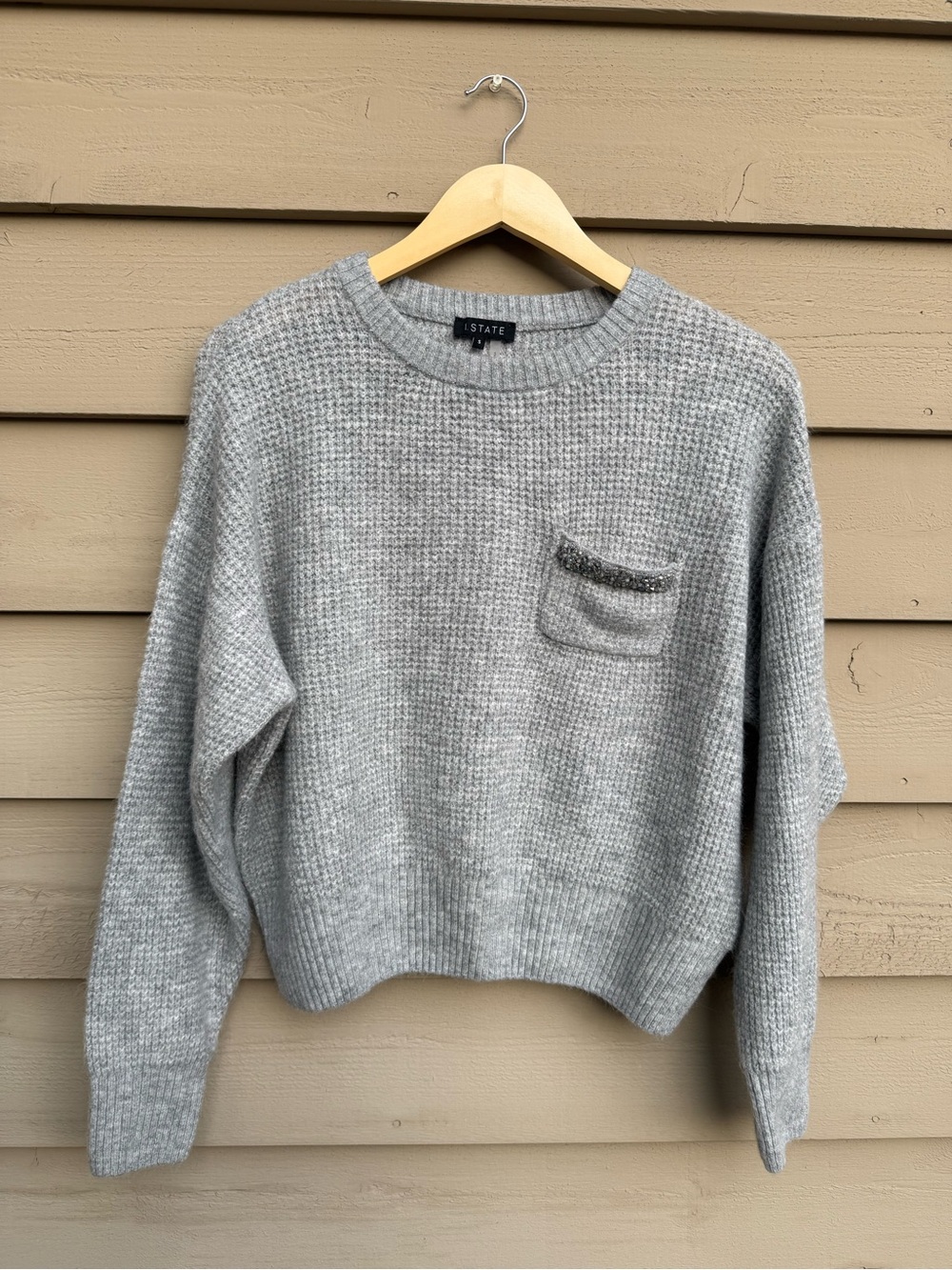 I.STATE Grey Waffle-Knit Sweater with Beaded Pocket — Size S